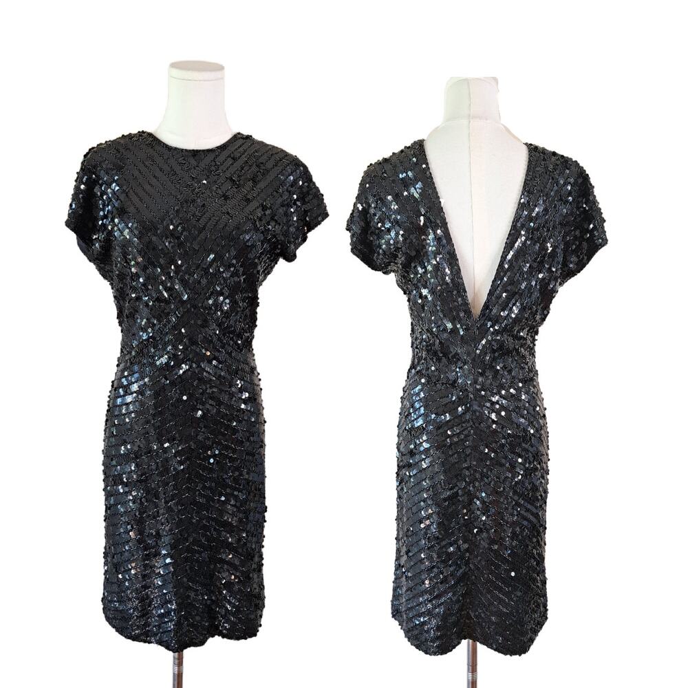Lillie Rubin Vintage 80s Black Sequin Mini Dress V Back Chevron Party Size 8